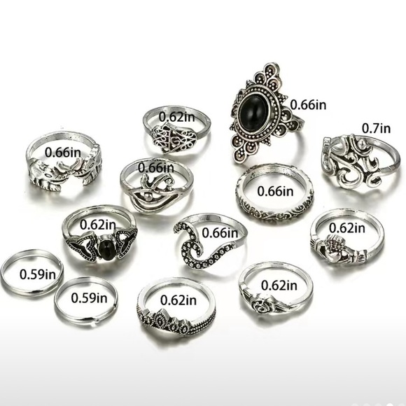 Boho Vintage Black Gemstone Geometric Ring Set 13pc - Picture 6 of 6